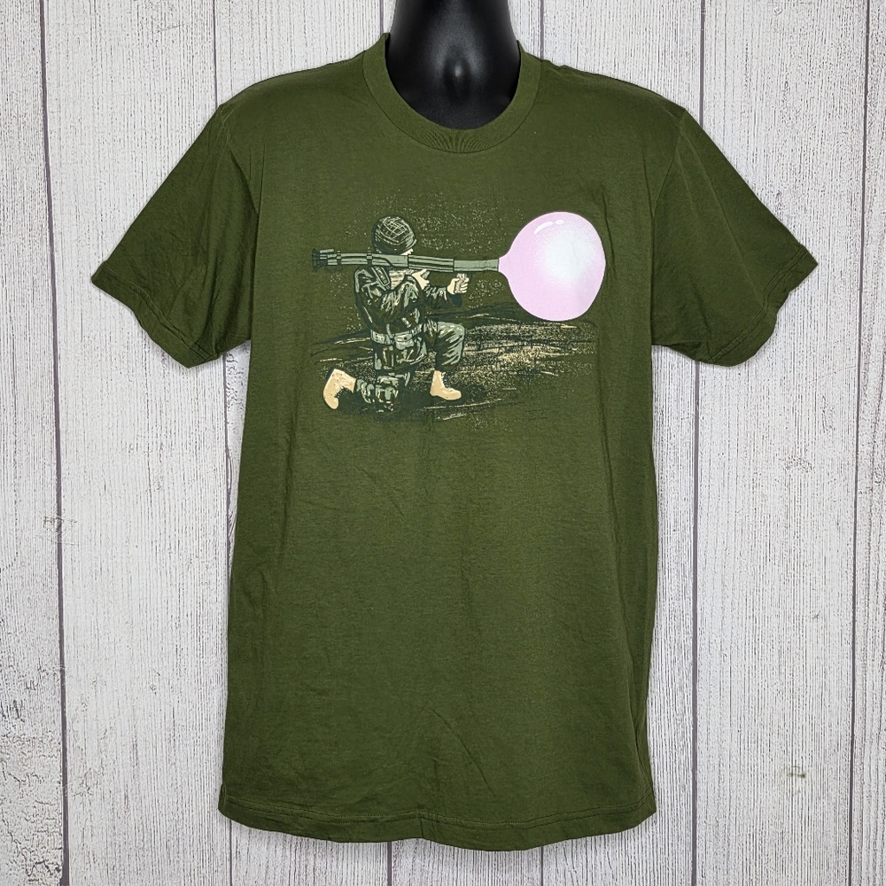 Army Green Funny Soldier Bubblegum Bazooka Graphic Tee Shirt.Woot, sz Large